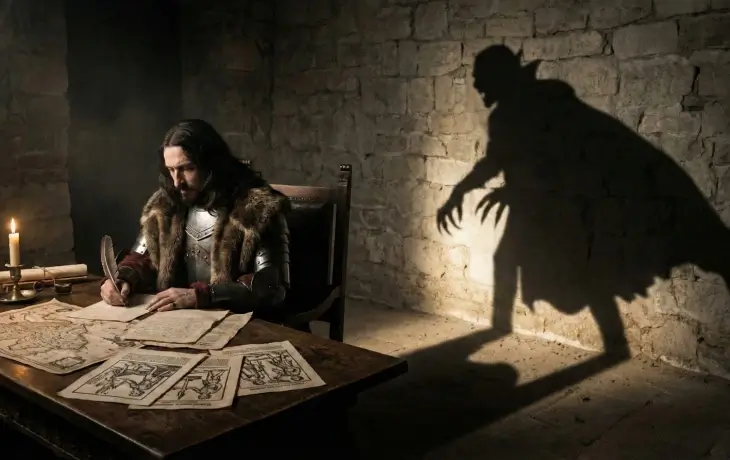 Orta Çağ atmosferinde yazı yazan bir savaşçının duvarda Dracula silüeti görülen sahnesi.